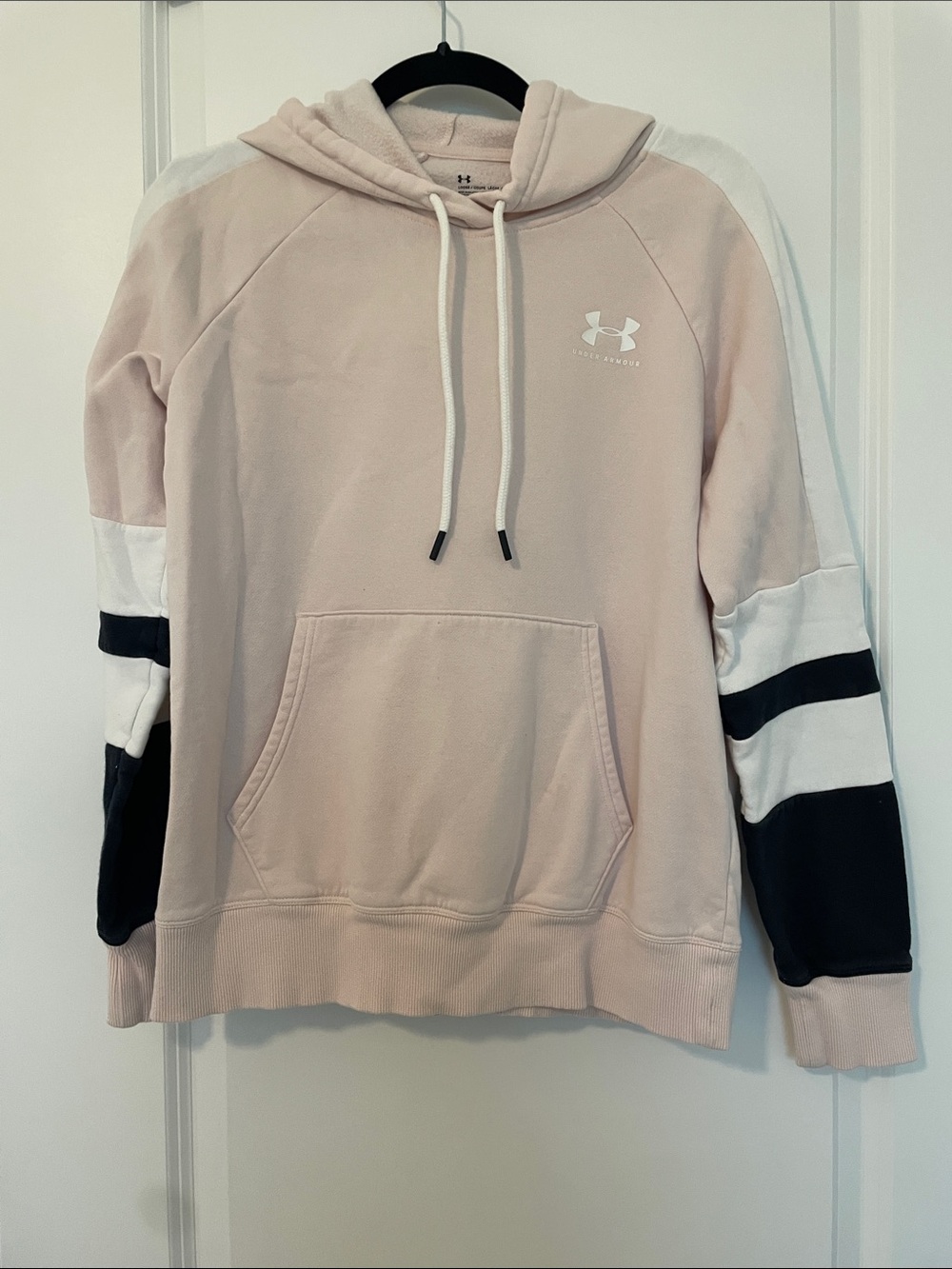 Under Armour Women's Blush Hooded Pullover with Black & White Sleeve Stripes